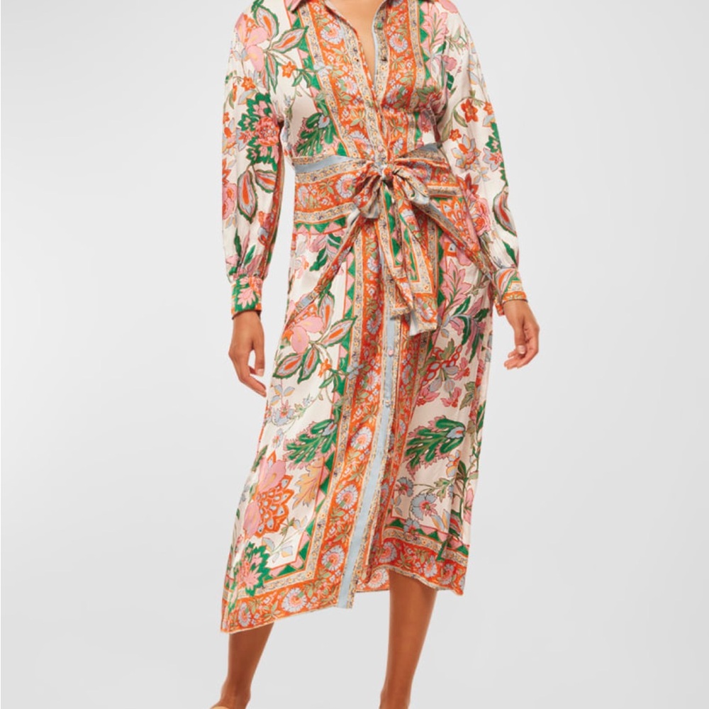MISA Los Angeles Kasbah Floral Tie-Waist Midi Dress - Pink & Green Size Medium